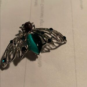 Silver Tone and Green Insect Brooch